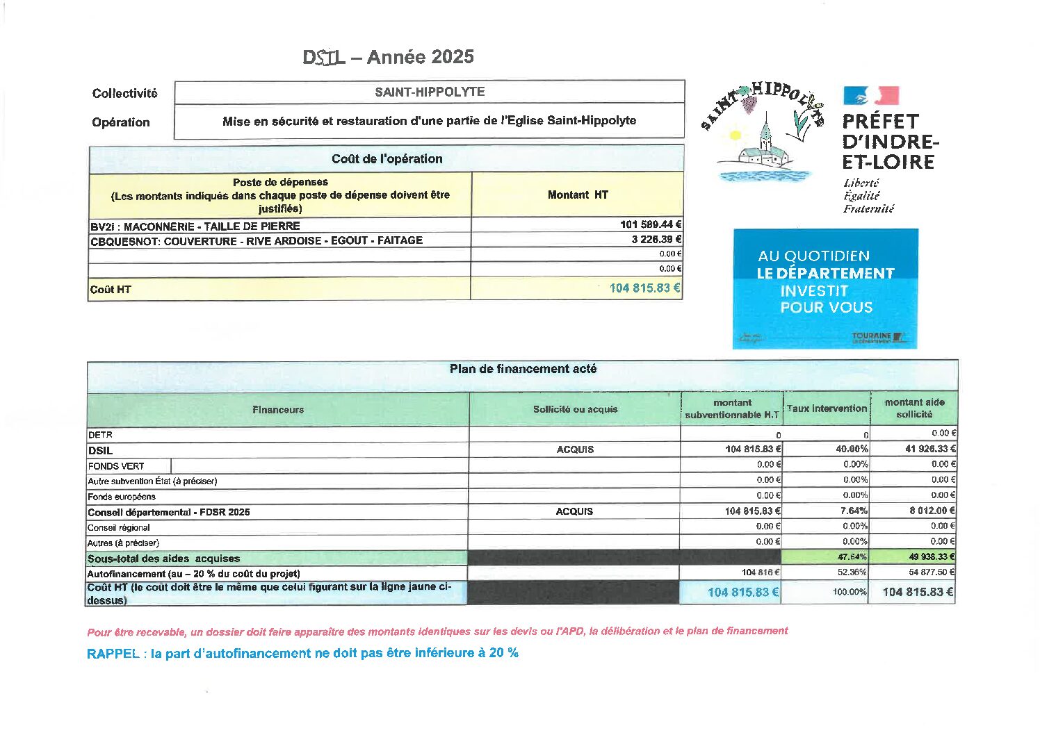 PLAN DE FINANCEMENT TRAVAUX EGLISE 2025