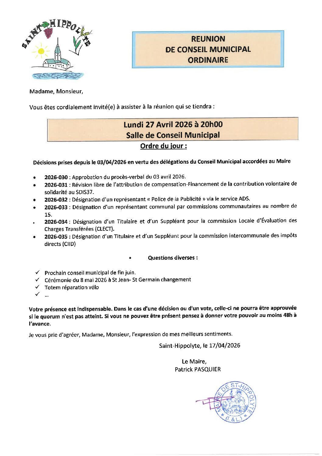 PROCHAIN CONSEIL MUNICIPAL